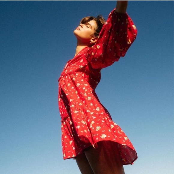 Billabong x Wrangler Falling for You Floral V-Neck Red Long Sleeve Mini Dress - Picture 12 of 16